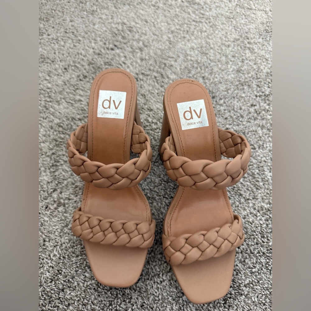 Dolce Vita Braided Double-Strap Heeled Sandals in Tan